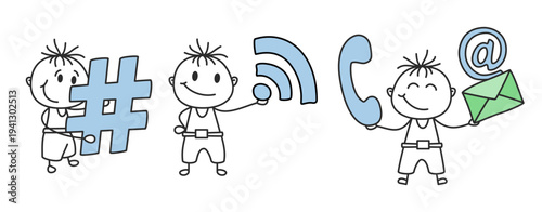 Stick Figure Boys Communication Set Hashtag WiFi Email Doodle Vector