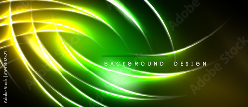 Bright neon curves flow across dark backdrop. Vivid green, yellow hues create dynamic visual effect. Modern design element.