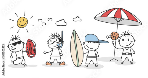 Stick Figure Boys Summer Beach Set Surfer Snorkel Basketball Sun Doodle Vector