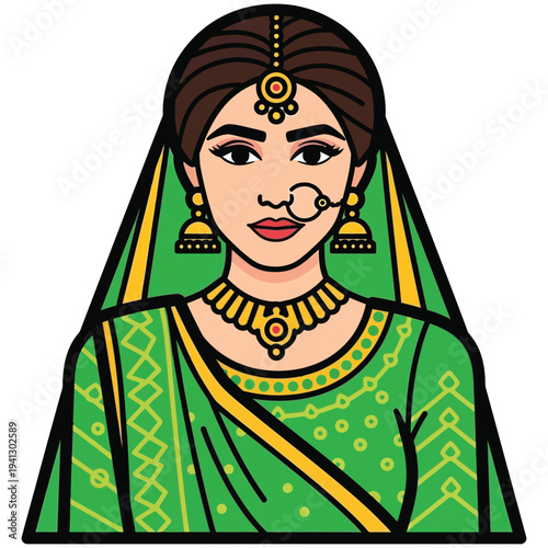 Beautiful Indian bride in green bridal saree with traditional jewelry and nath