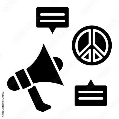 Advocacy Icon Set: Megaphone, Speech Bubbles, and Peace Symbol