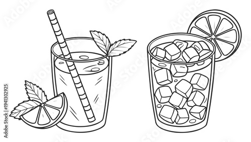 Iced Lemon Cocktail and Citrus Drink Glass Line Art Vector Illustration