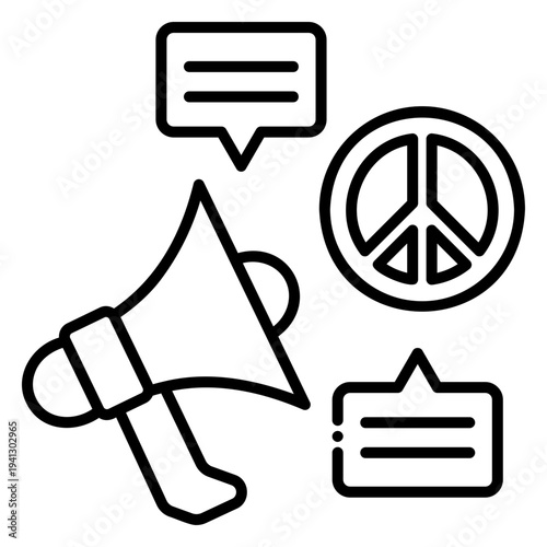 Peace Protest Icon: Megaphone, Speech Bubbles, and Peace Symbol