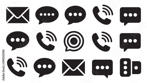 Communication Icons Set in Modern Minimalist Style with Black Silhouette on White Background for UI UX Design