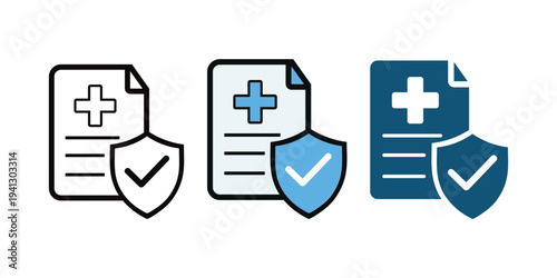Collection of flat icons representing medical insurance with a document and shield symbol