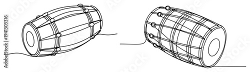 Set of two dholak drums in continuous one line drawing style for music design