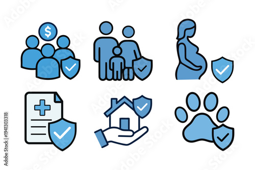 Collection of flat design icons representing insurance for family health home pets and financial security