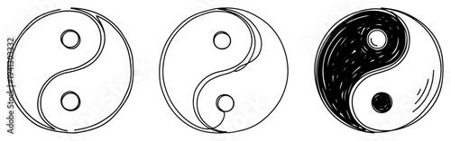 Set of three hand drawn yin yang symbols in minimalist sketch line art style