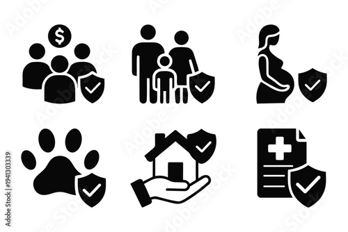 Collection of six black insurance and protection icons on a white background