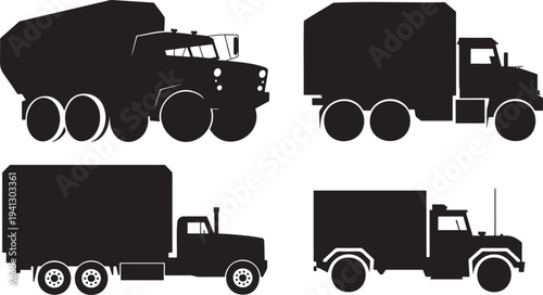 A collection of various commercial and heavy duty trucks shown in clear black silhouettes
