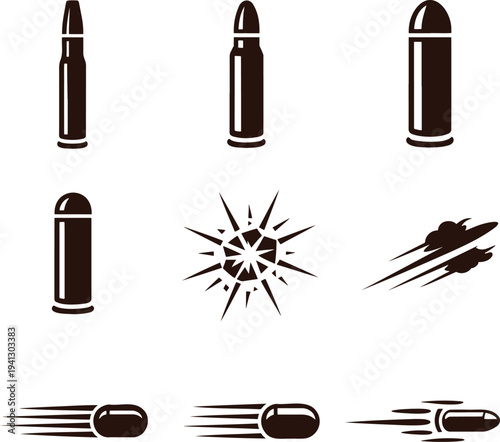 A collection of dark bullet and shooting related icons with speed lines and impact