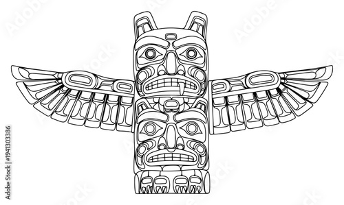 Traditional Native American totem pole with eagle wings in clean black and white vector line art style