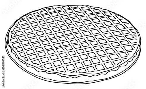Round Belgian waffle breakfast food in hand drawn black and white line art style