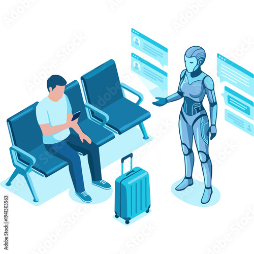 A robot interacts with a traveler sitting on airport chairs with a suitcase.