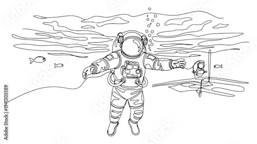 Astronaut swimming underwater with fish in one line drawing minimalist vector style