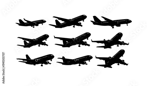 Commercial airplane black silhouette vector aircraft flight icons isolated on white background