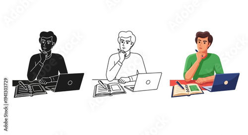 Collection of focused young men sitting at a desk with a laptop and notebook demonstrating thinking or problem solving across various graphic styles