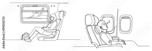 Set of travelers sleeping in train and airplane seats in continuous line art style