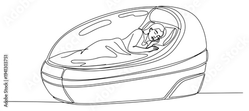 Young woman sleeping in a futuristic technology capsule pod in continuous line art style