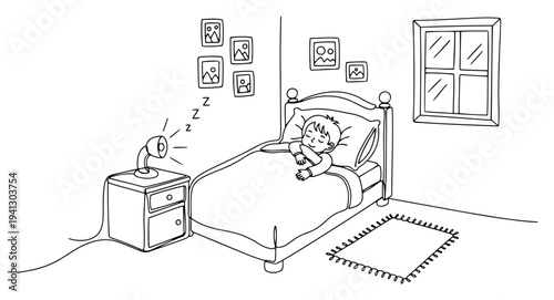 Little boy sleeping peacefully in his bed inside a bedroom continuous line art style