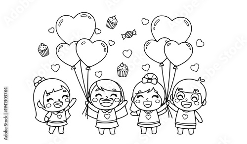 Stack of pancakes with syrup vector illustration surrounded by sweets and candies in cute cartoon outline style for kids coloring page and dessert theme design