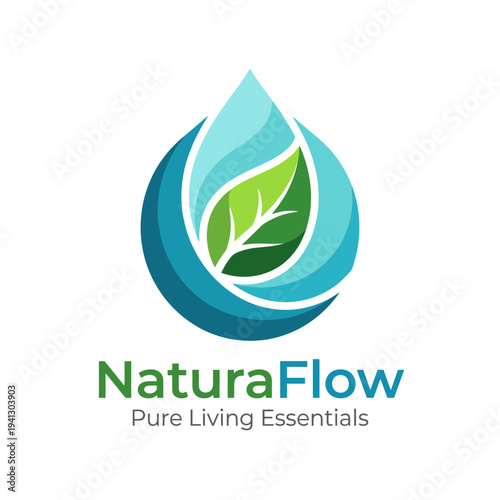 This logo for NaturaFlow symbolizes freshness and purity through its water drop design intertwined with a leaf, representing essential living solutions for a healthy lifestyle.