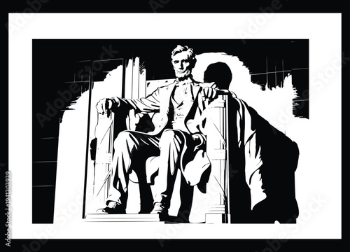 A striking high contrast black and white graphic illustration depicts Abraham Lincoln statue within a black frame
