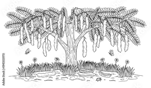 A detailed vector illustration of a tree with long leaves and pods in a natural setting
