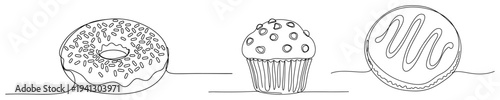 Set of sweet bakery treats including donut muffin and cookie in continuous line art style