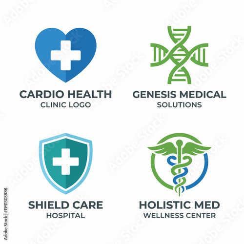 A collection of diverse medical logos designed for health services, featuring symbols of care and health. Each logo embodies the spirit of compassion and wellness.