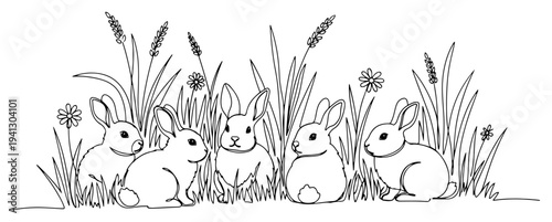 Minimalist continuous one line drawing of five cute rabbits sitting in high grass meadow