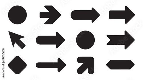 Black Arrows and Shapes in Various Directions on White Background in Simple Flat Design for UI Elements
