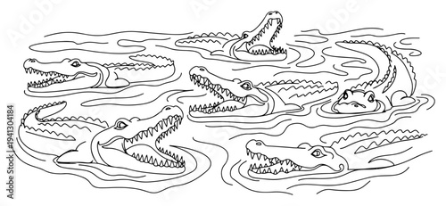 Continuous line drawing of a group of crocodiles swimming in water with open jaws