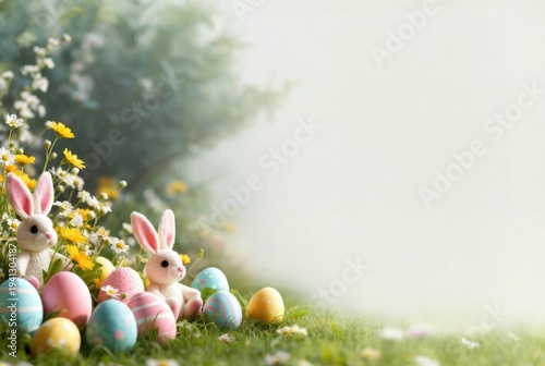 Fuzzy white bunny toys and striped Easter eggs surrounded by yellow wildflowers and green grass in a misty outdoor setting.