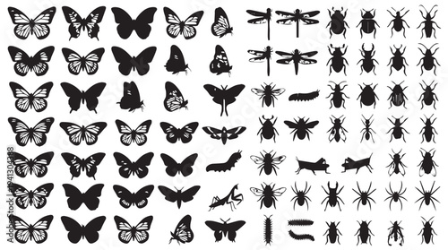 Insect Silhouettes Collection in Simple Black and White Illustration for Graphic Design