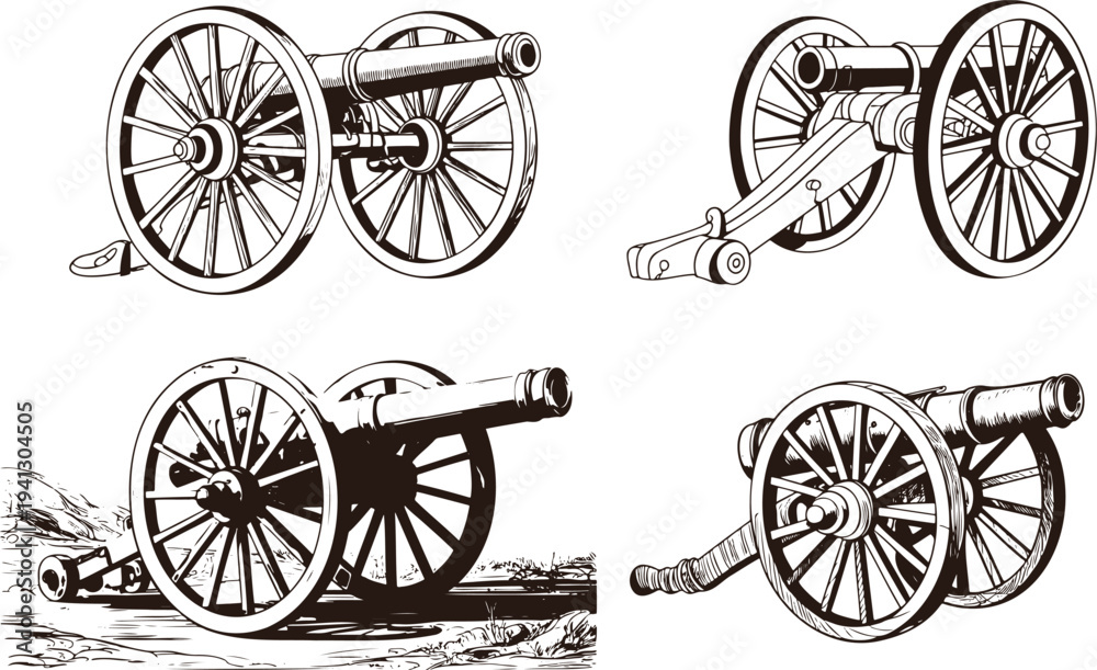 Fototapeta premium Four hand drawn vintage cannons with wheels displayed in various antique positions on a white background