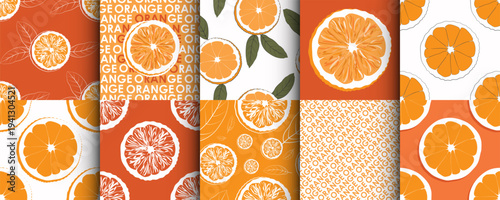 Orange Fruit slice Seamless Patterns Set: Citrus lemon, grapefruit Slices and Leaves on Vibrant Backgrounds for Summer Design,  Packaging, Trendy swimwear ornament, print, wrapping paper, greeting 