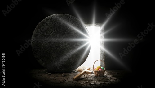 Easter empty tomb resurrection cross jesus faith light radiating from the open cave entrance with a wooden crucifix and colorful eggs on cracked earth celebrating the risen lord.