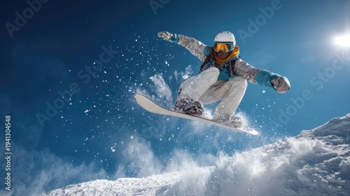 Snowboarder performing aerial jump above snowy mountain slope under bright sun wearing helmet goggles dynamic winter sports action isolated on white background