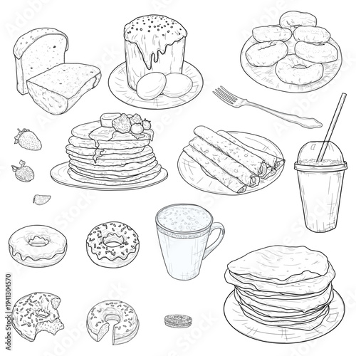Sweet Easter cakes and pancakes for Maslenitsa, a set of hand-drawn sketches. Vector illustration. Iced donuts and a coffee mug, collection isolated on a white background. Not AI.