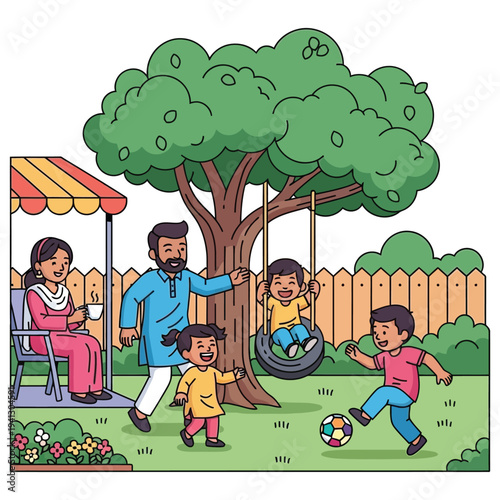 Indian family enjoying backyard fun with kids playing soccer and on swing