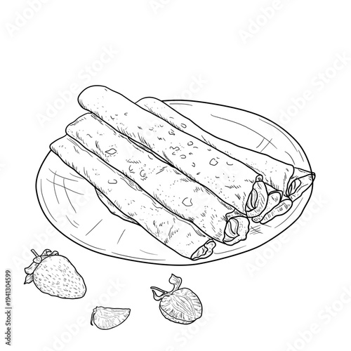 Pancakes rolled into a roll on a plate, hand drawn sketch. Vector illustration. Sweet flour pastries for Maslenitsa and berries, isolated on a white background. Hand-drawn, not AI