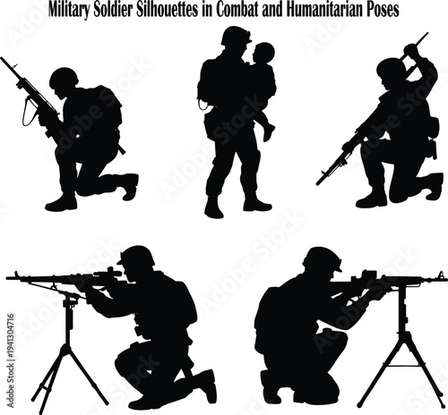 Military soldiers are depicted in different silhouette poses showing combat and humanitarian duties