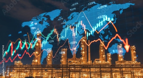 Industrial oil refinery at night with global stock market charts and financial data overlay on a world map, symbolizing energy markets, economic volatility, global trade, and industrial finance