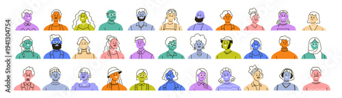 Set of colored abstract avatars, head portraits of diverse people. Happy smiling faces of men and women characters, modern drawn user profiles. Flat vector illustration isolated on white background