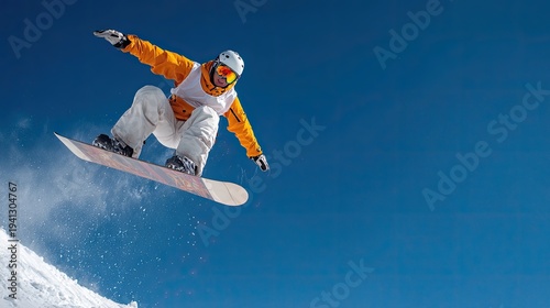 Professional snowboarder performing high jump trick in snowy mountain landscape wearing helmet goggles winter sports action isolated on white background