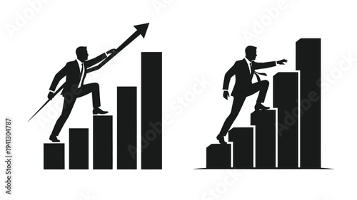Businessmen climbing charts representing success and growth a silhouette