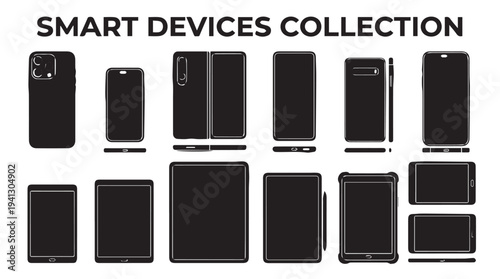 Smart devices collection in black silhouette on white background with modern sleek design for tech advertising