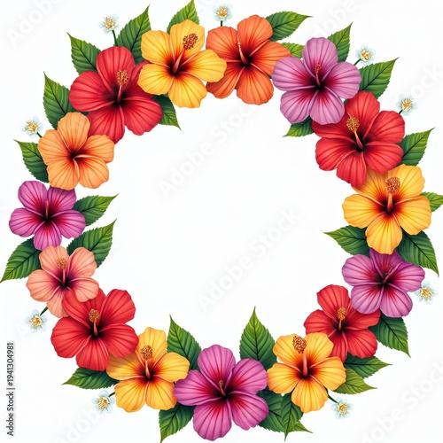 Colorful hibiscus flower wreath with green leaves on white backdrop. Floral border design with empty center space for text. Tropical summer arrangement.