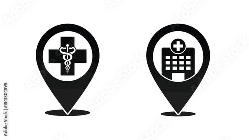 Two medical location markers a hospital and a pharmacy silhouette